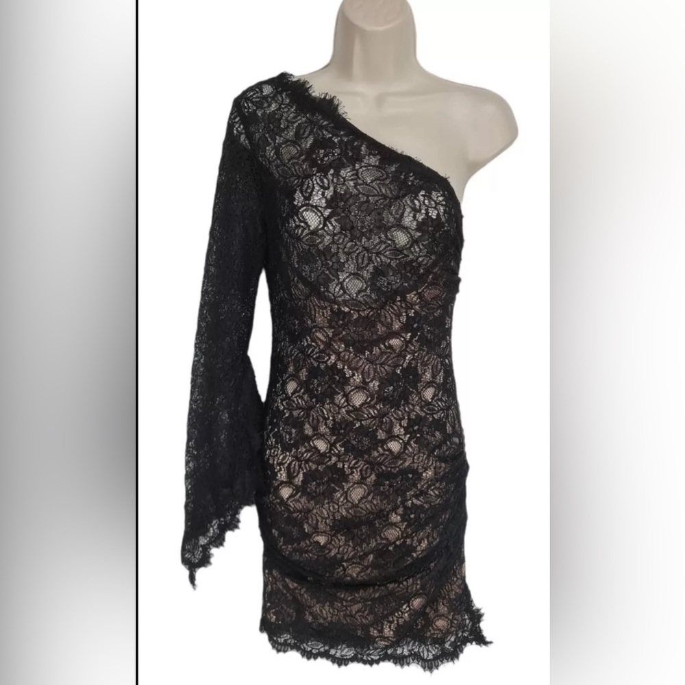Floral Lace One Shoulder Roughed Party Holiday Wedding Black Tie Mini Dress